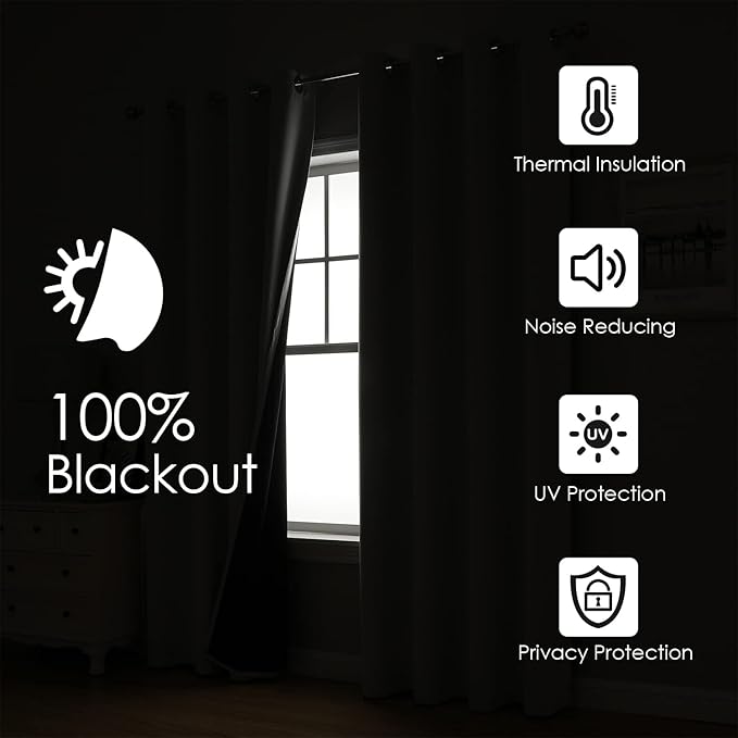 ChrisDowa 100% Blackout Curtains 72 inch Long for Bedroom with Black Liner, 2 Thick Layers Total Blackout Thermal Insulated Grommet Window Curtains 2 Panels Set (Greyish White, 42 x 72 Inch)