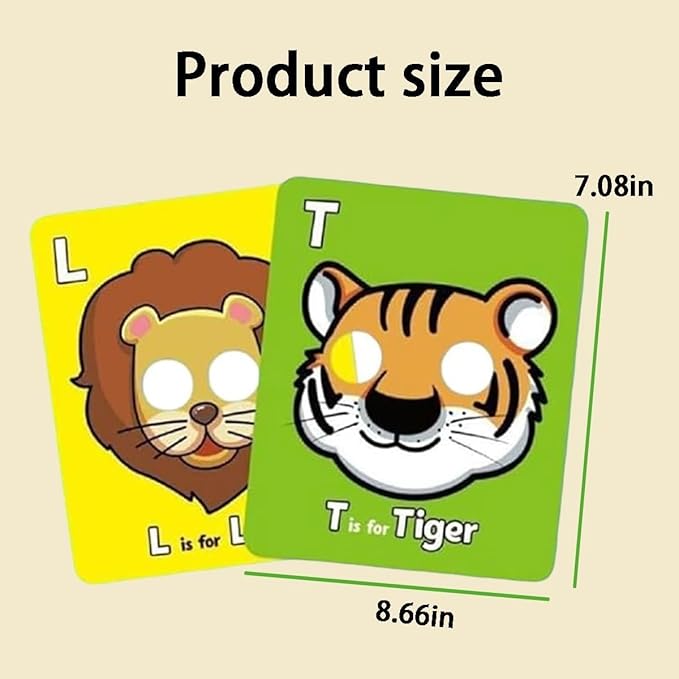 26 PCS Alphabet ABC Flash Cards with Animal Masks, Colorful Alphabet Mask Cards, Giant Letter ABC Animal Faces Flash Learning Flashcards, Interactive Education Games, Learn Letters