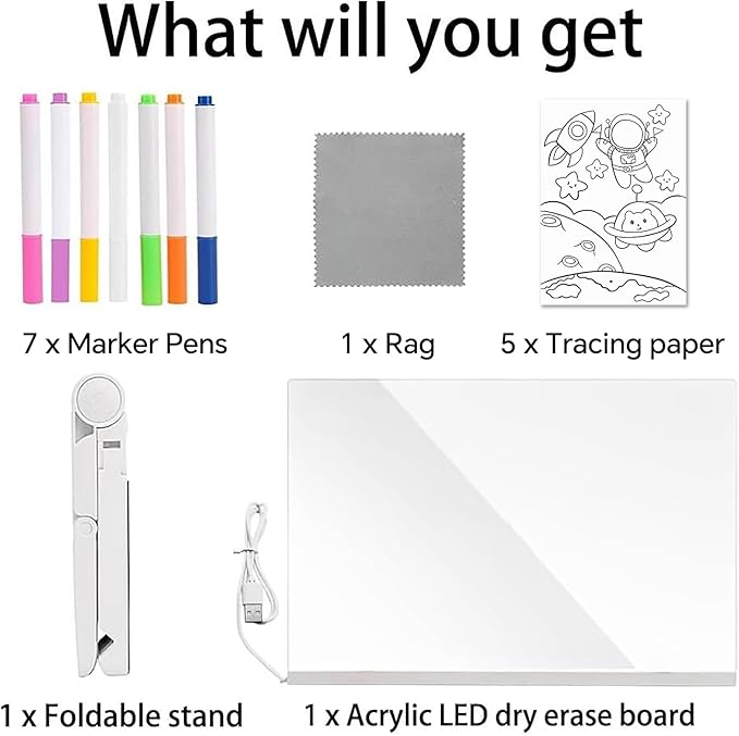 Led Drawing Board, Acrylic Dry Erase Board with Bracket, 15.7" X 11.8" Glow Writing Board, Led Note Board Comes with 7 Drawing Pens and 5 Cartoon Doodle Paper for Office School Home
