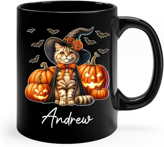 Personalized American Bobtail with Pumpkins Coffee Cup, American Bobtail Wearing Witch Hat Mug, Custom Name Halloween Cat Ceramic Mugs, Pet Black Cup 11oz 15oz, Gift for Cat Lover Pet Owner