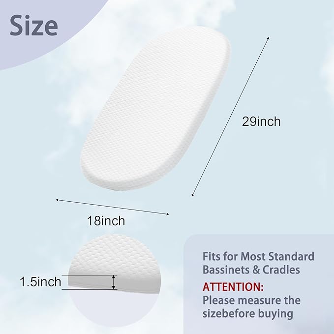 Lisara Baby Bassinet Mattress, 15" x 30" Dual Sided Gel Memory Foam Mattress with Waterproof, Removable and Breathable Ice Silk Cover, Fit for Moses Basket