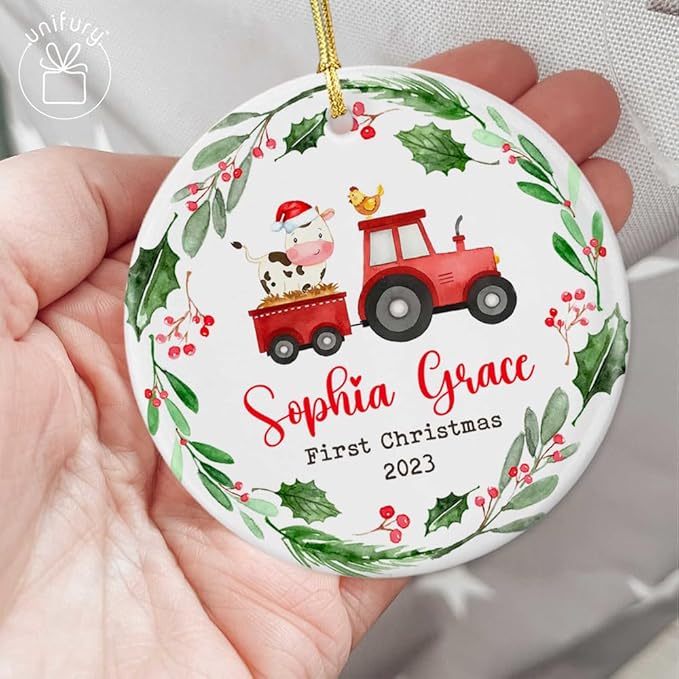 Unifury Personalized Baby First Christmas Ornament 2024, Adorable Keepsake for Babies First Christmas Tree, Holiday Decor for Celebrating Ceramic Babys 1st Christmas Ornament 2024, Farm Animal