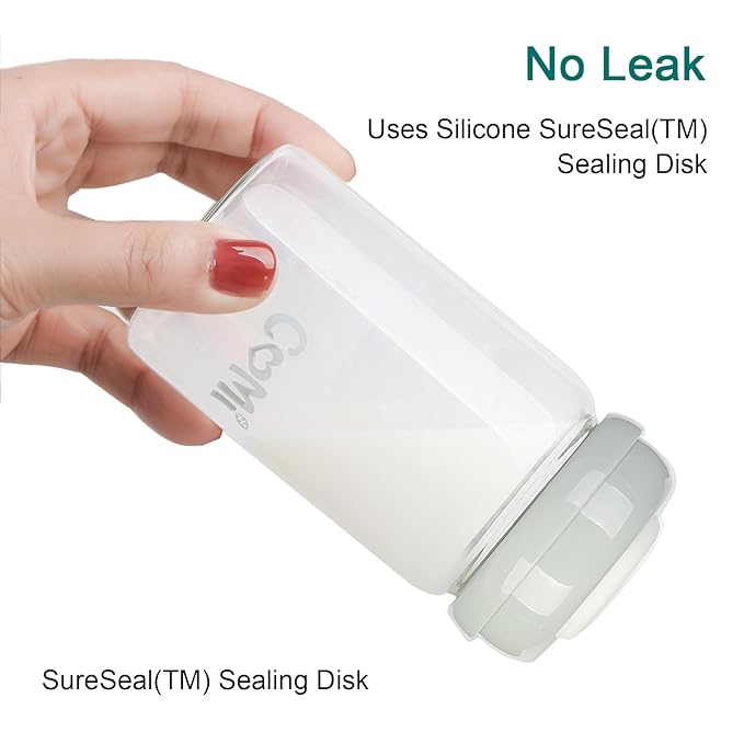 COMI Wide Neck Glass Breastmilk Collection n Storage Bottle, 4 Packs, 8oz with Screw Ring Sealing Disk; Re-markable Sealing Disc. BPA Free, Fits Breast Pumps & Nipples (2 Gray Lids + 2 Pink Lids)