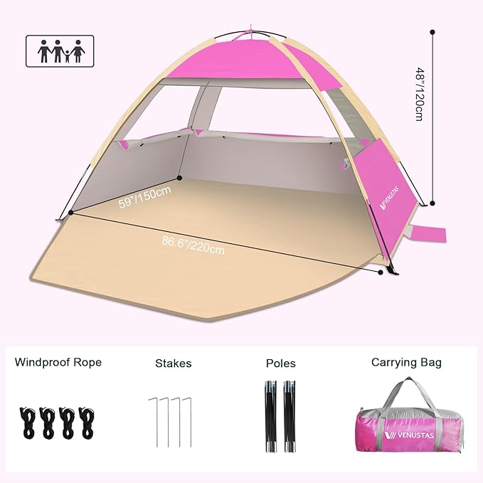 Venustas Beach Tent Sun Shelter for 3/4-5/6-7/8-10 Person, UPF 50+ UV Protection Beach Canopy, Lightweight and Easy Setup Cabana, Portable Shade Tent