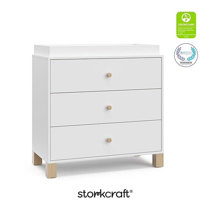 Storkcraft California 3-Drawer Chest with Removable Changing Topper (White with Driftwood) – GREENGUARD Gold Certified, Interlocking Drawer System, Pre-Installed Tracks, Easy Assembly
