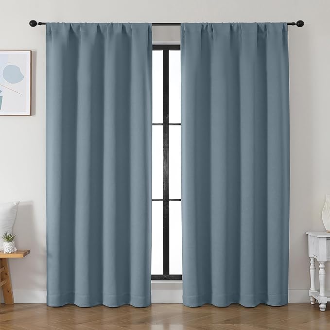 Simplebrand Ava Stone Blue Blackout Curtains for Bedroom 84 Inch Length 2 Panels Set, Solid Thermal Insulated Privacy Living Room Window Treatment Curtains Blackout Drapes, W50 x L84 Inch, Stone Blue