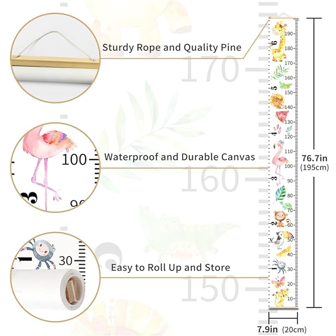 Cute Animals Growth Chart for Kids Baby Height Chart Ruler Removable Canvas Wooden Frame Hanging Wall Rulers Measurement Charts for Toddler Room Nursery Decor - 79"X7.9" with Black Wood