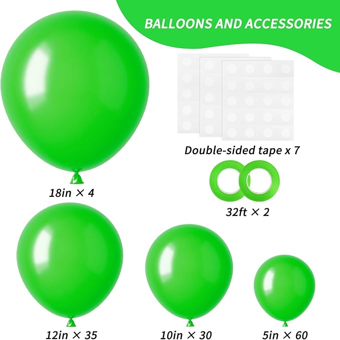 RUBFAC 129pcs Green Balloons Different Sizes 18 12 10 5 Inch Green Latex Balloon Garland Arch for Masquerade Party Decorations Birthday Baby Shower Wedding Party Supplies