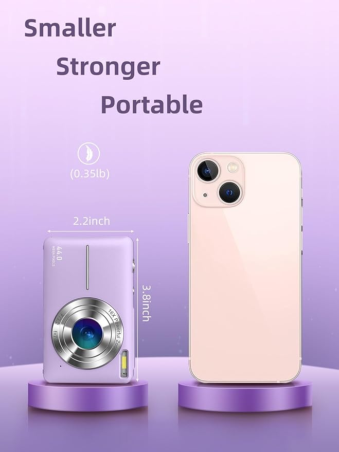 Digital Camera FHD 1080P, Camkory Kids Camera 44MP Point and Shoot Digital Cameras with 32GB Card, 16X Zoom, Two Batteries, Lanyard, Compact Small Camera Gift for Kids Boys Girls Students, Purple
