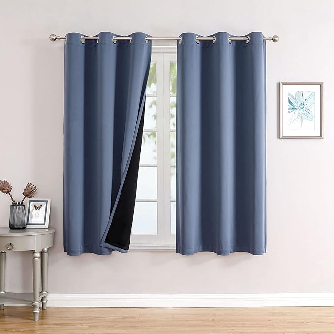 ChrisDowa 100% Blackout Curtains for Bedroom with Black Liner, 2 Thick Layers Total Blackout Thermal Insulated Grommet Window Curtains 2 Panels Set (Stone Blue, 42 x 63 Inch)