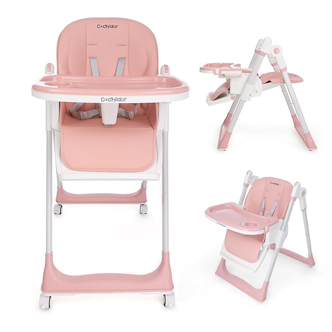 3-in-1 Foldable High Chair for Babies & Toddlers – Adjustable Height, Reclining Seat, 5-Point Safety Harness, Removable Tray, Lockable Wheels, Washable Cushion – Portable & Easy Clean, Pink