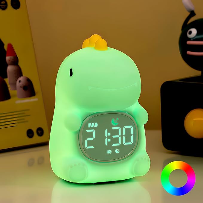 Dinosaurs Alarm Clock with Night Light for Kids with Sleep Training and Sound Machine, Rechargeable Silicone Lamp OK to Wake Clock，Cute Animal Tabletop Lamp, Perfect Sleep Companion for Boys Girls
