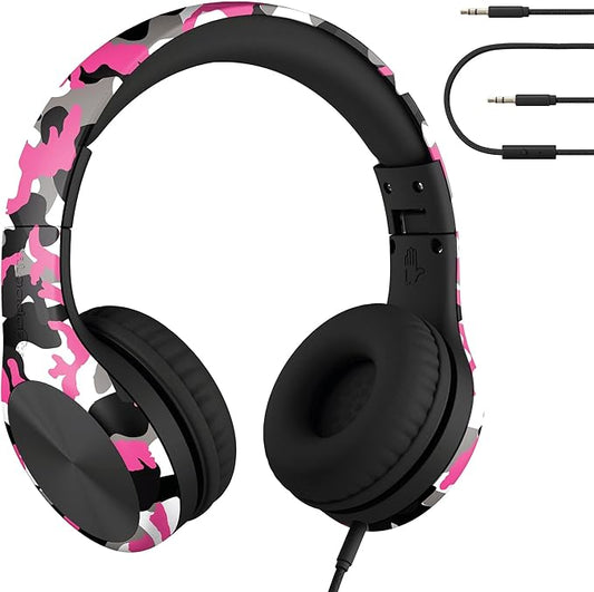 LilGadgets Connect+ Pro Wired Kids Headphones for School w/Microphone, Volume Limiting & Noise Reducing Over-Ear Headset w/Cord, SharePort Technology & SoftTouch Padding, Pink Camo Wired Headphones