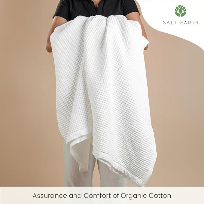 Salt Earth GOTS Certified 100% Organic Cotton Throw Blanket, 90" X 90" Waffle Blankets & Throws for Bed, Throw Blanket for Couch, Modern & Cozy Blanket, All Seasons, Comfy & Soft Blanket (Snow White)