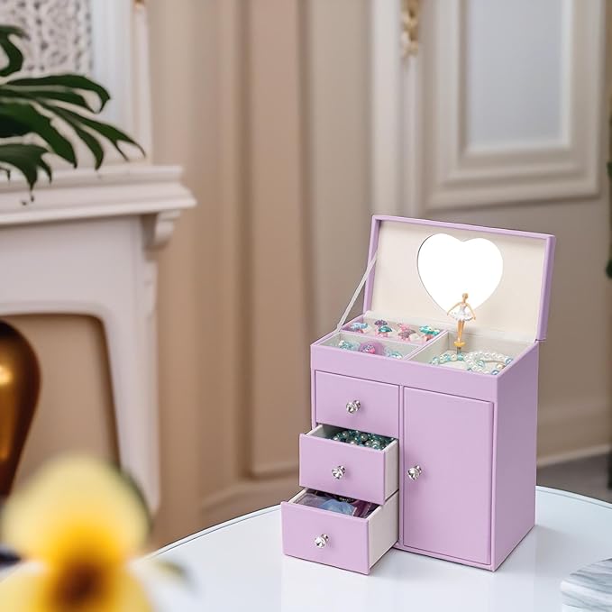 Vlando Musical Jewelry Box with Spinning Ballerina, Girls’ Jewelry Organizer for Necklaces Rings and Hair Accessories, Gift for Girls and Kids, Purple