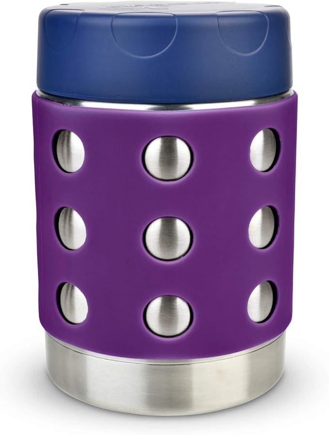 LunchBots Thermal 12 oz Triple Insulated Thermos - Hot 6 Hours or Cold 12 Hours - Leak Proof Thermos Soup Jar - All Stainless Interior - Navy Lid - Purple Dots