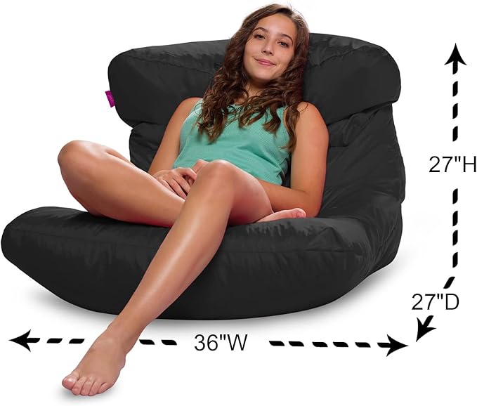 Posh Creations Structured Comfy Seat for Bedrooms and Dorm Rooms, Large Bean Bag Chair, Laguna Lounger, Black