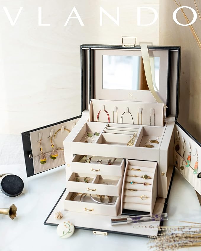 Vlando Jewelry Box Organizer for Girls Women, Large Baroque Jewelry Holder Organizer with Mirror, 3 Drawers for Bracelets, Earrings, Rings, Necklaces, Mothers Day Gifts for Loved One, Black