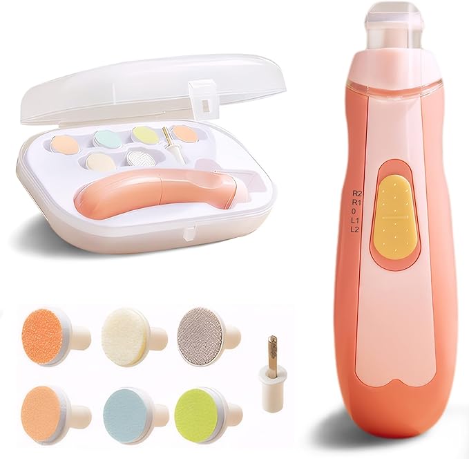 Baby Nail Trimmer Electric | Safe + Easy Baby Nail Trimmer, Baby Nail Clippers + Nail Filer Buffer, Trim Polish Grooming kits for Newborn Toddler or Adults’ Nails, 7 Grinding Heads and LED Light