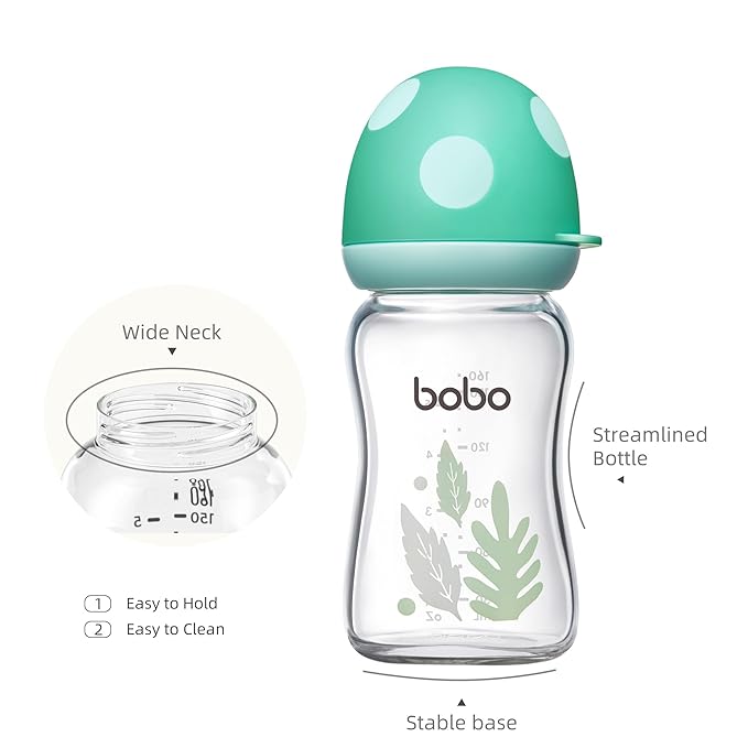 YOHKOH Natural Glass Baby Bottle with Natural Response Nipple, Newborn Anti-Colic Baby Bottles, Wide Neck Mushroom Cap Baby Bottle, Clear ((5.4oz (Pack of 4), Blue-A)