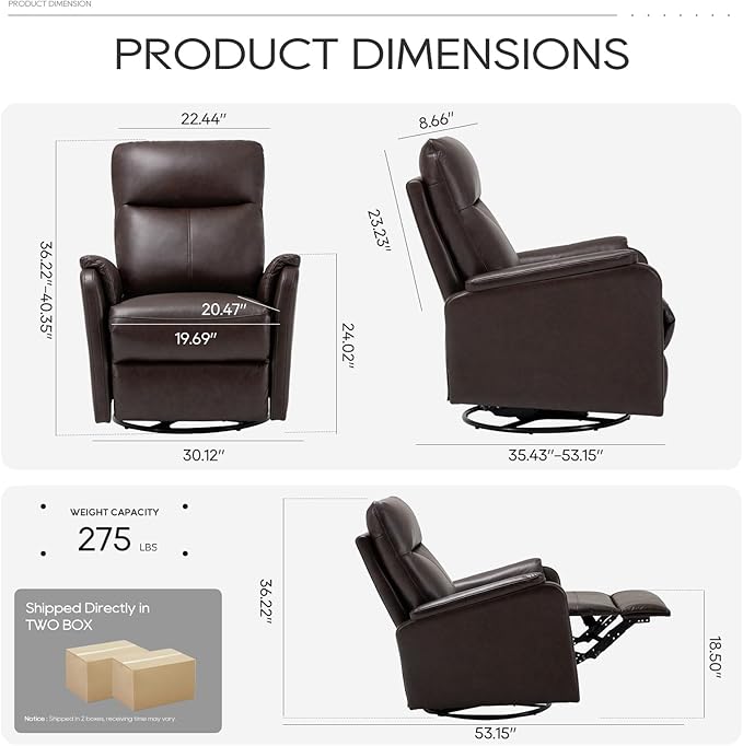 COLAMY Leather Swivel Recliner Chair with Footrest, Rocker Recliner Chair High Back with Double-Layer Cushion, Glider Recliner for Nursery & Living Room, Bedroom, Chocolate