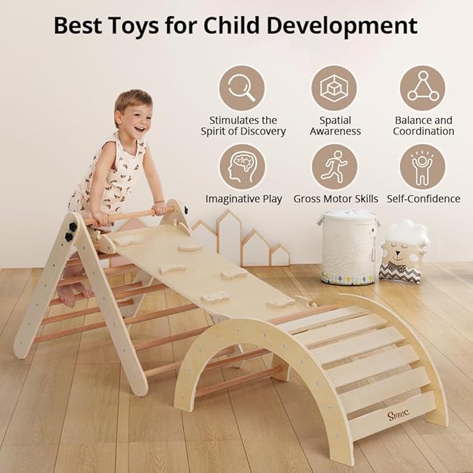 Pikler Triangle Set with Cushion, 8-in-1 Toddler Climbing Toys Indoor, Wooden Montessori Climbing Set with Arch Ramp,Ladder&Tent Cloth, Baby Indoor Climber Jungle Gyms for Toddlers Toy, Natural