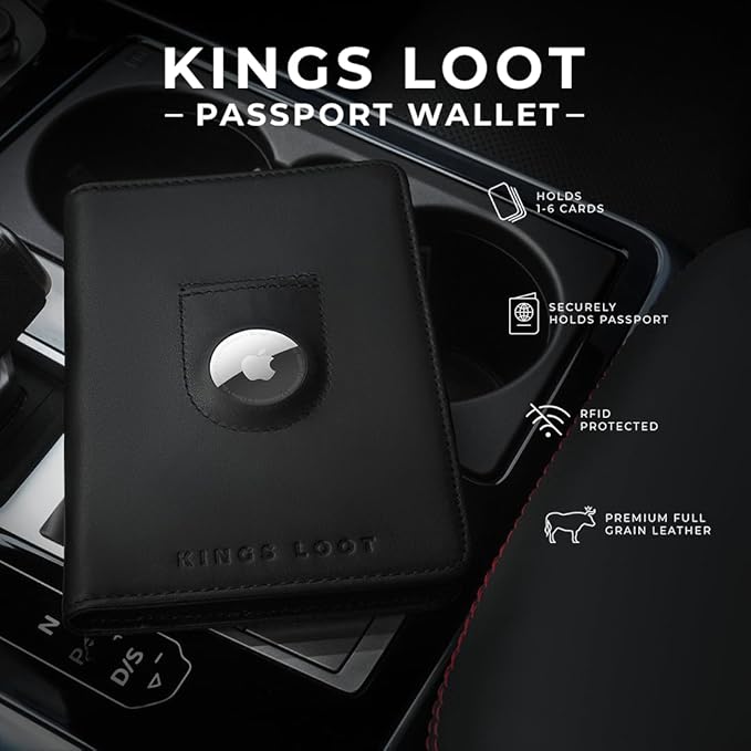 Kings Loot Passport Holder Wallet | RFID Blocking Leather Travel Wallet with Built-in Airtag Holder | Holds 1-6 Cards & Passport | Easy Pull Tab | Travel Wallets (Onyx Black)