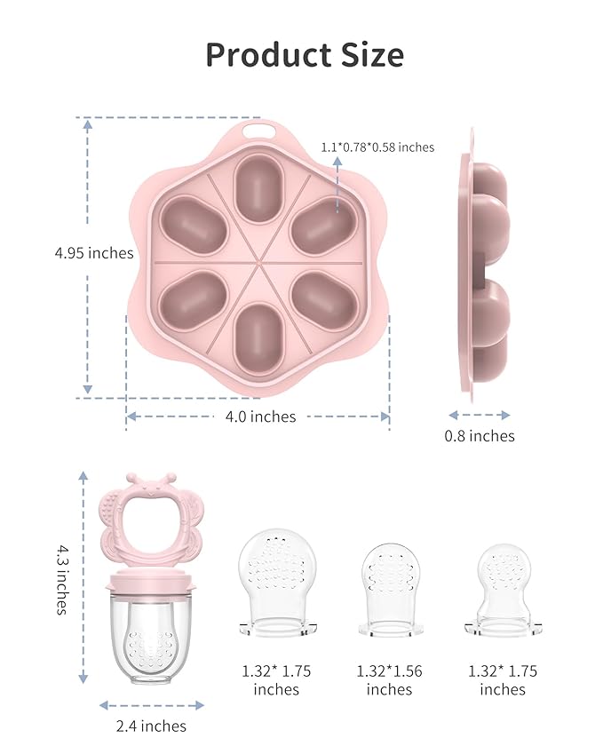 Silicone Baby Fruit Food Feeder (2 Pack) with Freezer Nibble Tray, Breastmilk Popsicle Molds for Baby Teething Relief, Feeder for Safe Infant Self Feeding, BPA Free, Dishwasher Safe, 3 Month+ Pink