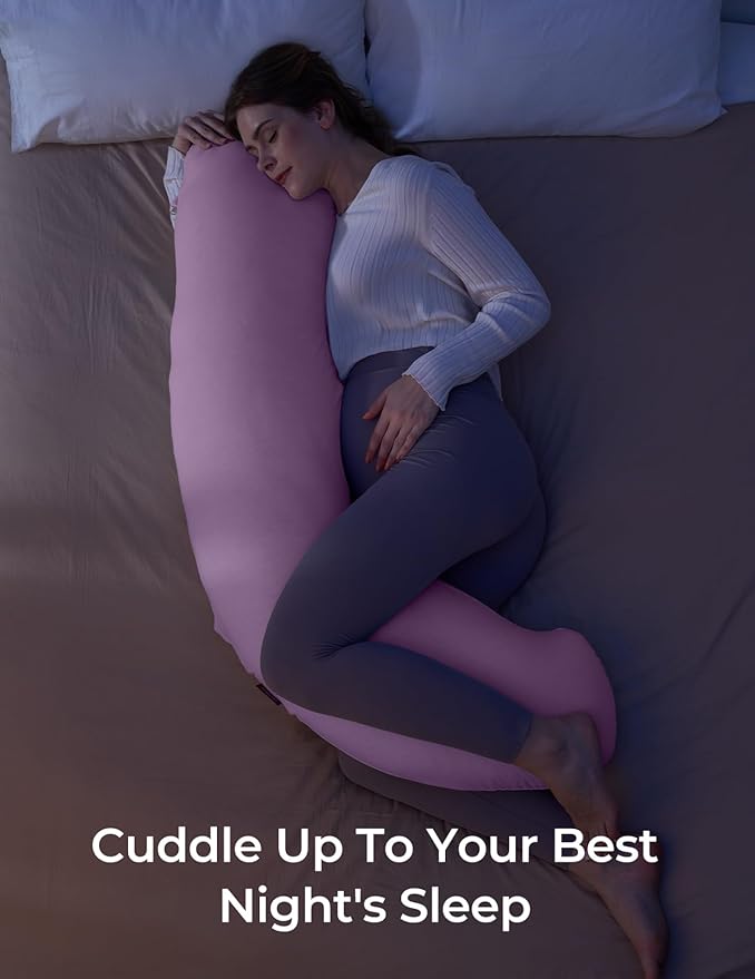 Momcozy Body Pillow for Pregnancy, J Shaped Pregnancy Pillows for Side Sleeping, Soft Maternity Pillow with Jersey Cotton Cover for Head Neck Belly Support, Pink