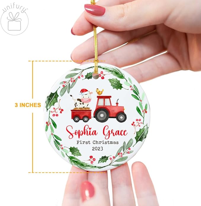 Unifury Personalized Baby First Christmas Ornament 2024, Adorable Keepsake for Babies First Christmas Tree, Holiday Decor for Celebrating Ceramic Babys 1st Christmas Ornament 2024, Farm Animal