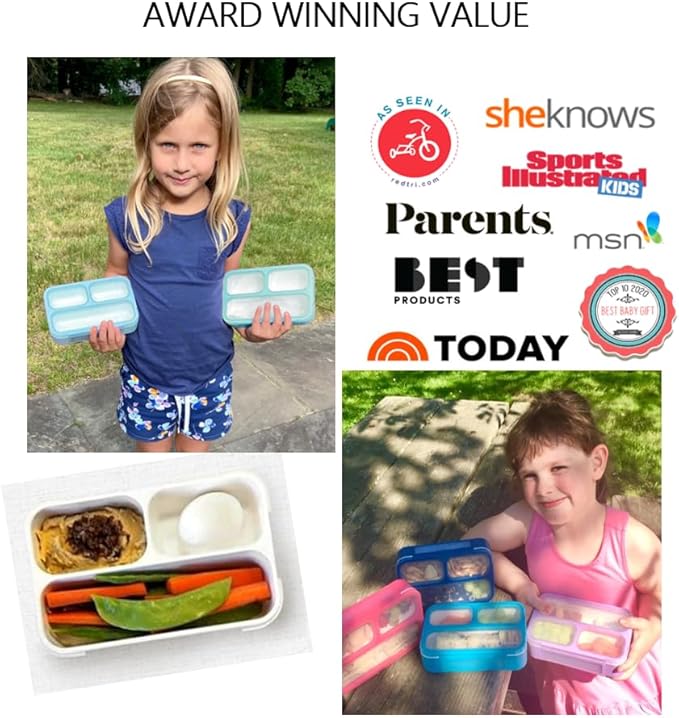 kinsho Glitter Bento Snack Containers with Lids, Mini Bento-box Lunch-Box for Toddler Daycare and Small Kids, Travel Meal Container, Leak-proof 2 pack Set, Pastel Blue + Teal Sparkle