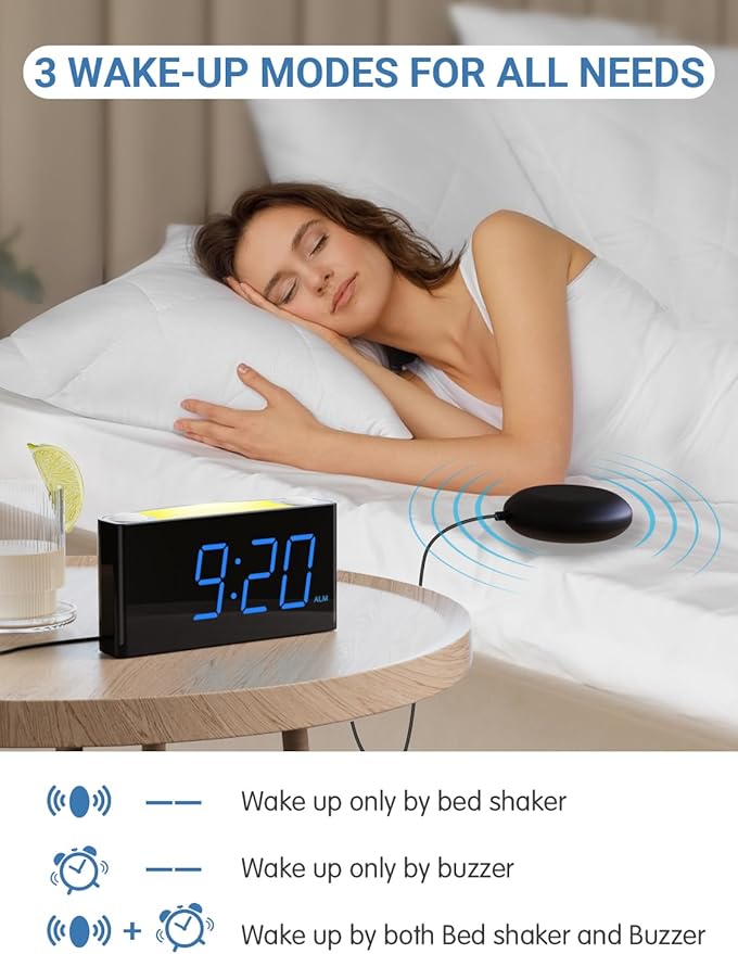 PPLEE Super Loud Alarm Clock for Heavy Sleepers Hearing Impaired Deaf,Vibrating Alarm Clock with Bed Shaker,Big Display Alarm Clock for Bedroom,5 Dimmer,Night Light,USB/Type-C Charger,Power-off Memory