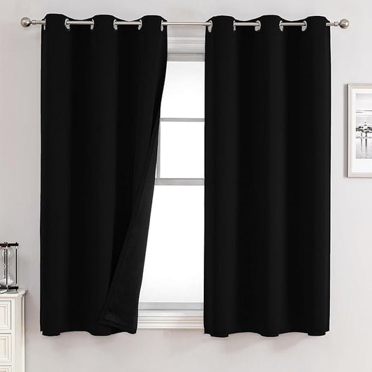 ChrisDowa 100% Blackout Curtains 63 inch Long for Bedroom with Black Liner, 2 Thick Layers Total Blackout Thermal Insulated Grommet Window Curtains 2 Panels Set (Black, 38 x 63 Inch)