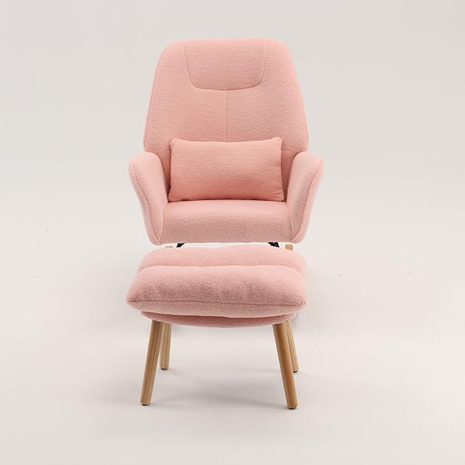 Boucle Rocking Chair with Ottoman and Pillow, Sherpa Furry Accent Arm Chair Lounger, Teddy Fabric Glider Rocker Chair for Living Room/Bedroom/Nursery, High Back, Pink