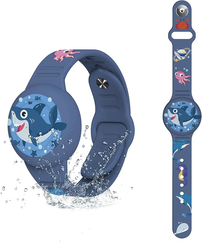 Waterproof Airtag Bracelet Kids,Cute Cartoon Silicone Hidden Airtag Wristband Kids,Anti-Lost Apple Airtag Holder Case for Toddler,Airtag Case Watch Band Tracker for Child-Blue Shark