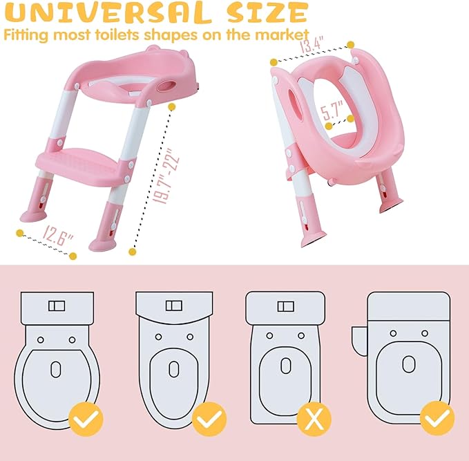 Potty Training Toilet Chair Seat with Step Stool Ladder for Kids and Toddler Boys Girls - Foldable Height Adjustable Children Toilet Training Seat with Safe Handles & Anti-Slip Pads, White-Pink