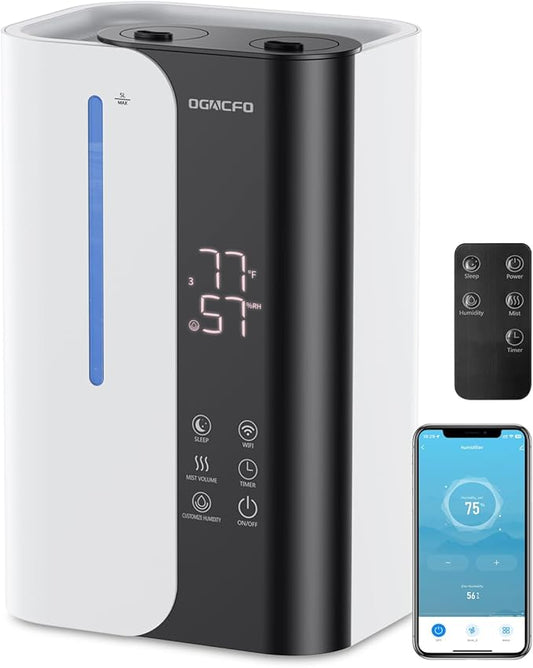 Cool Mist Humidifiers for Bedroom and Plants & Baby, Top Fill 5L Large Room Smart Humidifier for Home Nursery, 28 dB Quiet 50H Runtime Bedroom humidifier with Essential Oils