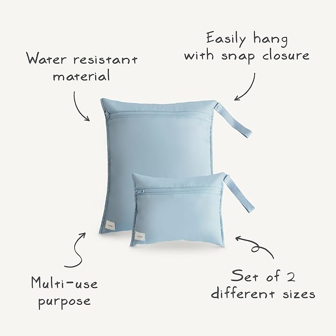 mushie Water Resistant Wet Bags | Large & Small Reusable Storage Bag for Baby Items and Travel | Zippered Pockets with Handle | Machine Washable, Set of 2 (Olive Check)