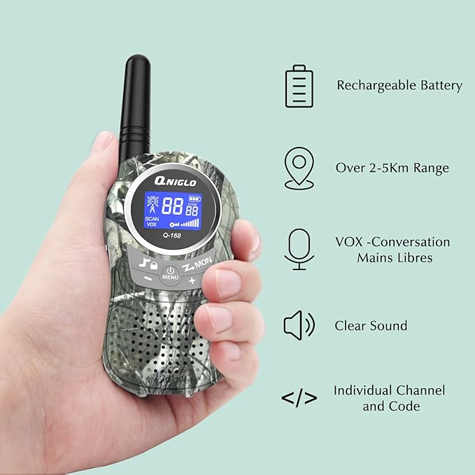 QNIGLO Camping Walkie Talkies for Kids Rechargeable, Camo Kids Walkie Talkies for Boys Girls fit Outdoor Adventure Game Spy Gear Hiking, Army Police Toys for 3 4 5 6-12 Year Old