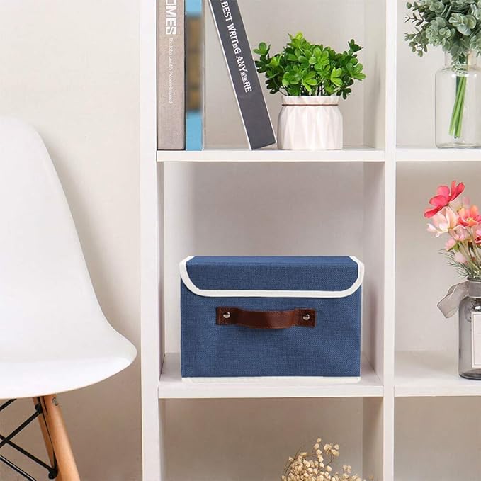 Lucky Monet Storage Bins Boxes with Lids 2 Pack Decorative Storage Boxes Collapsible Fabric Storage Basket Containers Lidded Storage Cube for Organizing Closet Home Office, 10"x 8"x 7" (Blue)