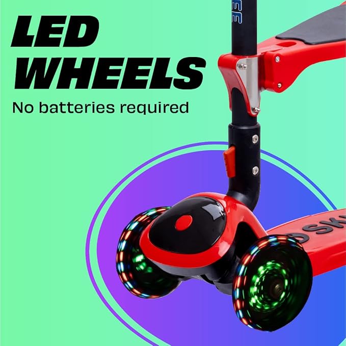 SKIDEE Kick Scooters for Kids Ages 3-5, Adjustable Height Foldable Scooter with Removable Seat, 3 LED Light Wheels, Rear Brake, Wide Standing Board, Suitable Up to 12 Year Old Boys/Girls