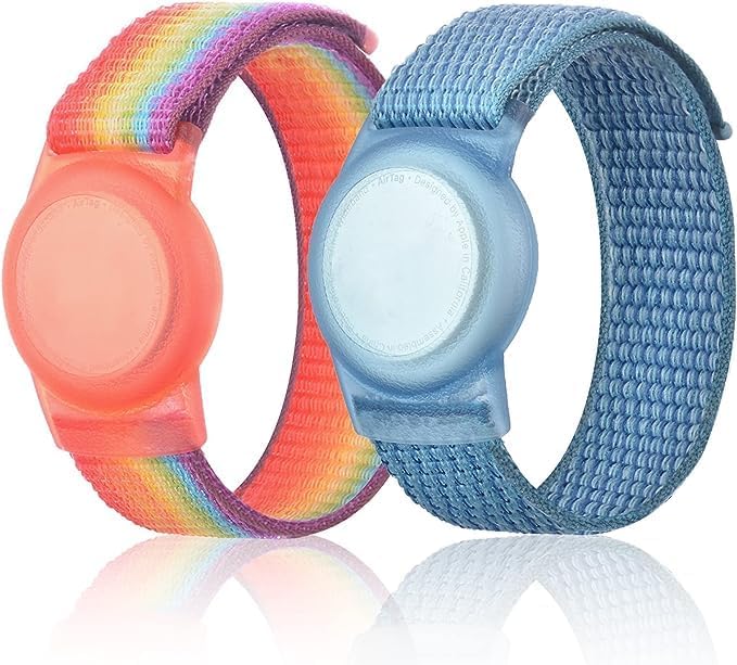 Kids Wristband Compatible with Apple AirTag, Protective Case for Air Tag GPS Tracker Holder with Nylon Bracelet, Adjustable Anti Lost Watch Band for Toddler Child Elder(RainbowB&Blue)