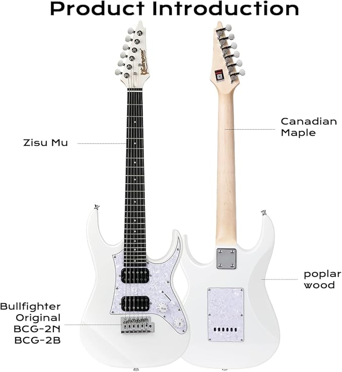 Bullfighter 34 Inch Kids Mini Strat Electric Guitar for Boys Girls, Beginner’s Electric Guitar Kit with Gig Bag, Picks, Cable, Strap, Extra Strings D120-R (blue) (White)