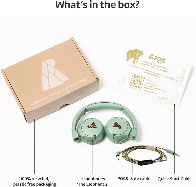 POGS Kids Wired Headphones | The Elephant 2 | Adjustable, Durable Headphones for Kids 3+ | Limited to 85 dB, Microphone | On-Ear | Music-Sharing Function Safe 3.5mm Audio Cable (3.2ft) (rGreen)