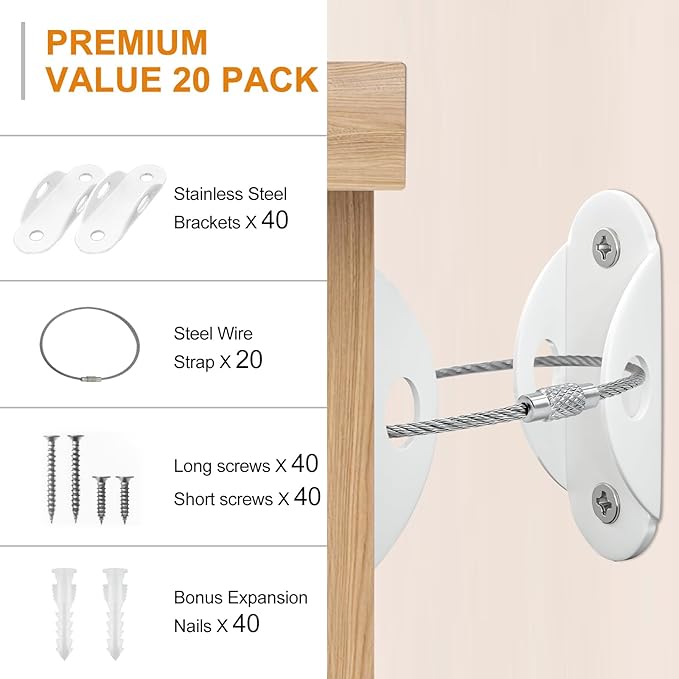 Furniture Anchors (20 Pack) for Baby Proofing, Anti Tip Furniture Anchor Securing 420lbs Tension Earthquake Resistant Metal Furniture Wall Anchor Prevent Baby Pet from Falling Furniture