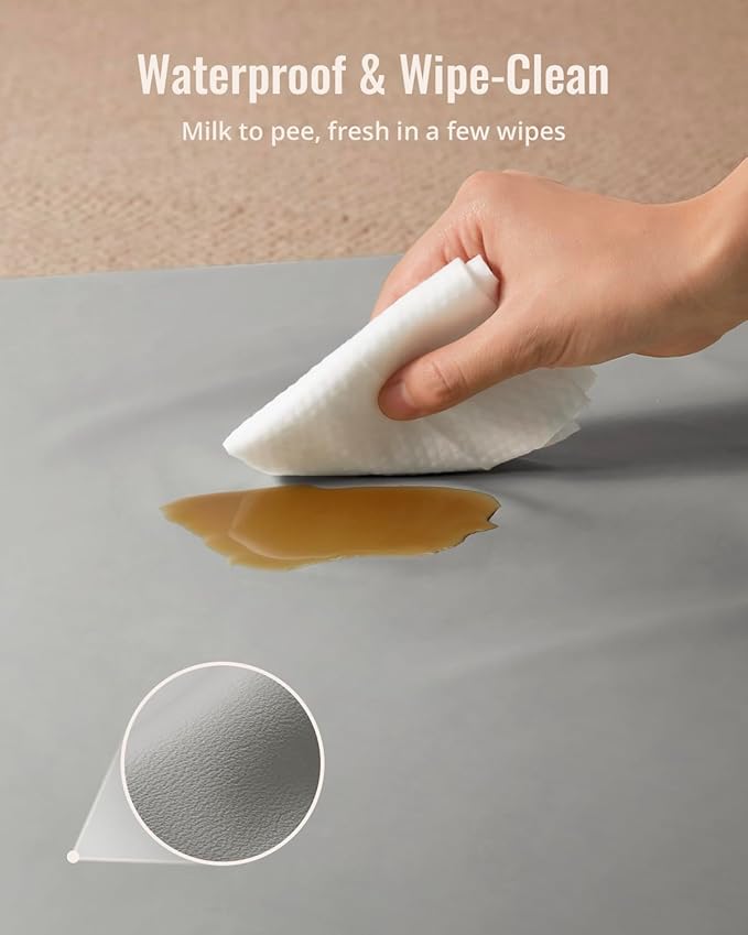 Blissful Diary Vegan Leather Baby Play Mat, 50x50 Thicken Foam Cushioned & Waterproof Playpen Mat for Infants and Toddlers, Stylish and Just Wipe-Clean Playmat for Baby Play on Floor, Light Gray