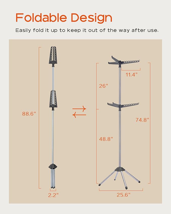 Clothes Drying Rack Foldable, 74.8 inch 2 Tier Laundry Drying Rack with Rotating Clothes Rail for 54 Pieces of Clothes, Space Saving, Indoor, Stainless Steel, Grey and Silver CDR002G01