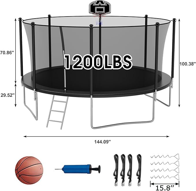 SKYUP Tranpoline 1500LBS 16 15 14 12 10 8 FT Tranpoline for 7-10 Kids and Adults, Windproof Outdoor Tranpoline with Enclosure Net, Basketball Hoop, Easy to Install & Last Long - ASTM Approved