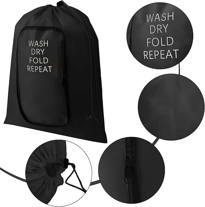 2 Pcs Travel Laundry Bag Washable Dirty Clothes Bag with Drawstring and Zipper for Suitcase, 22 x 18 Inch (Black, Gray,Classic)