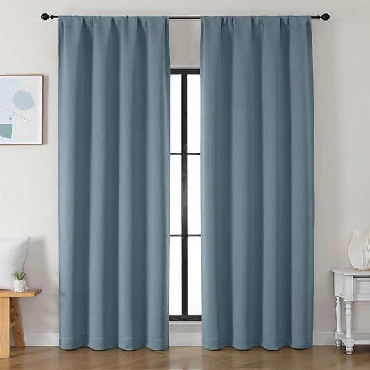 Simplebrand Ava Stone Blue Blackout Curtains for Bedroom 90 Inches Long 2 Panels Set, Solid Privacy Energy Saving Living Room Window Treatment Curtains Blackout Drapes, W50 x L90 Inch, Stone Blue